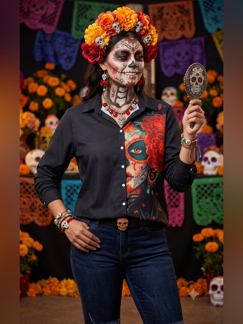 Black Button-Up Shirt with Vibrant Day of the Dead Face & Red Flowers